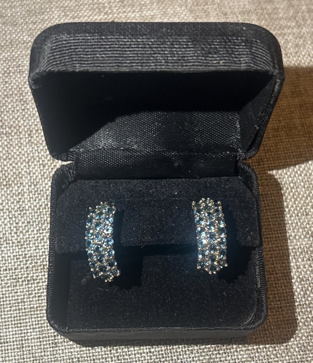 10K Yellow Gold London Blue Topaz Cluster Half Hoop Earrings 3.0 CTTW 3.6g